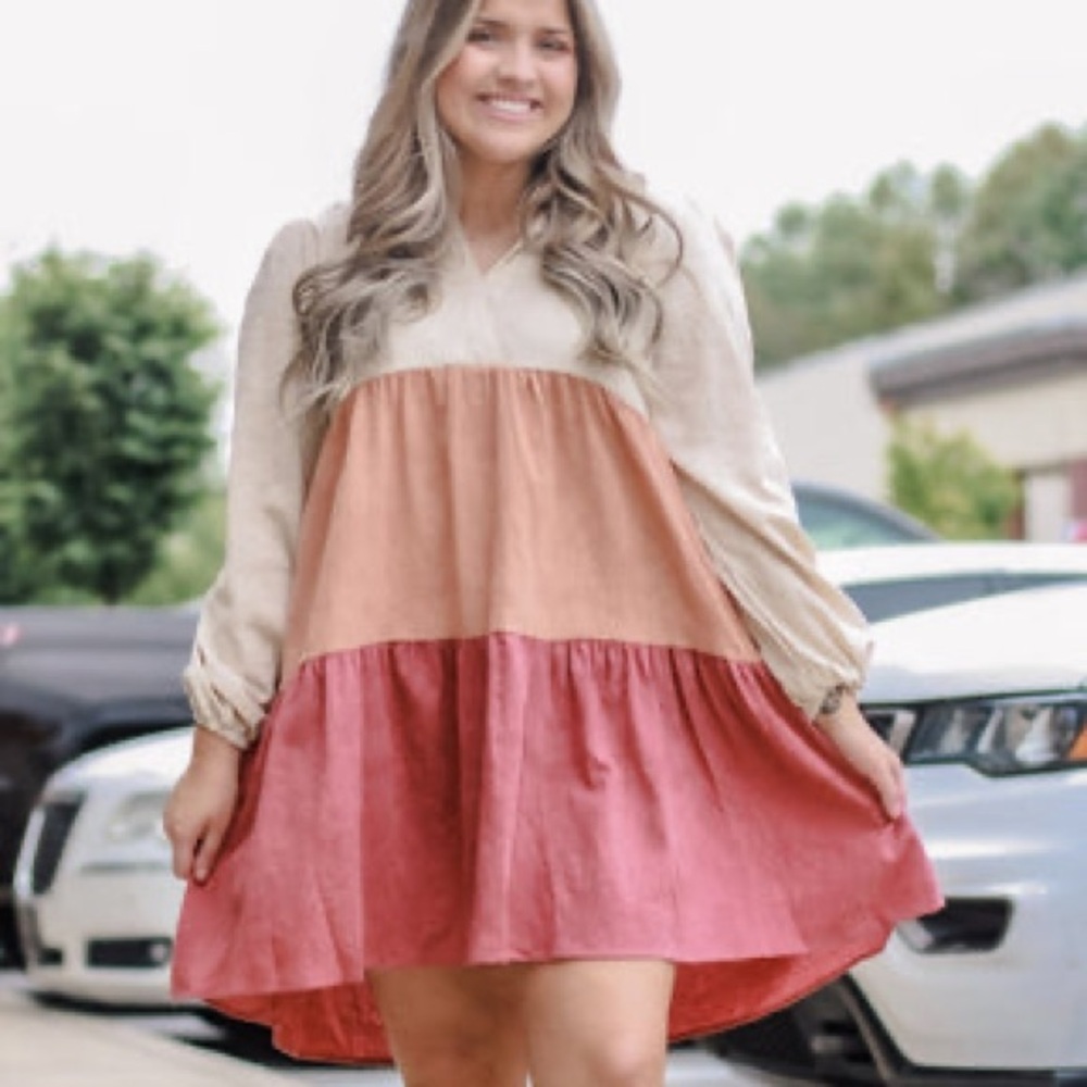 Umgee Cream, Orange, and Red Long Sleeve Dress